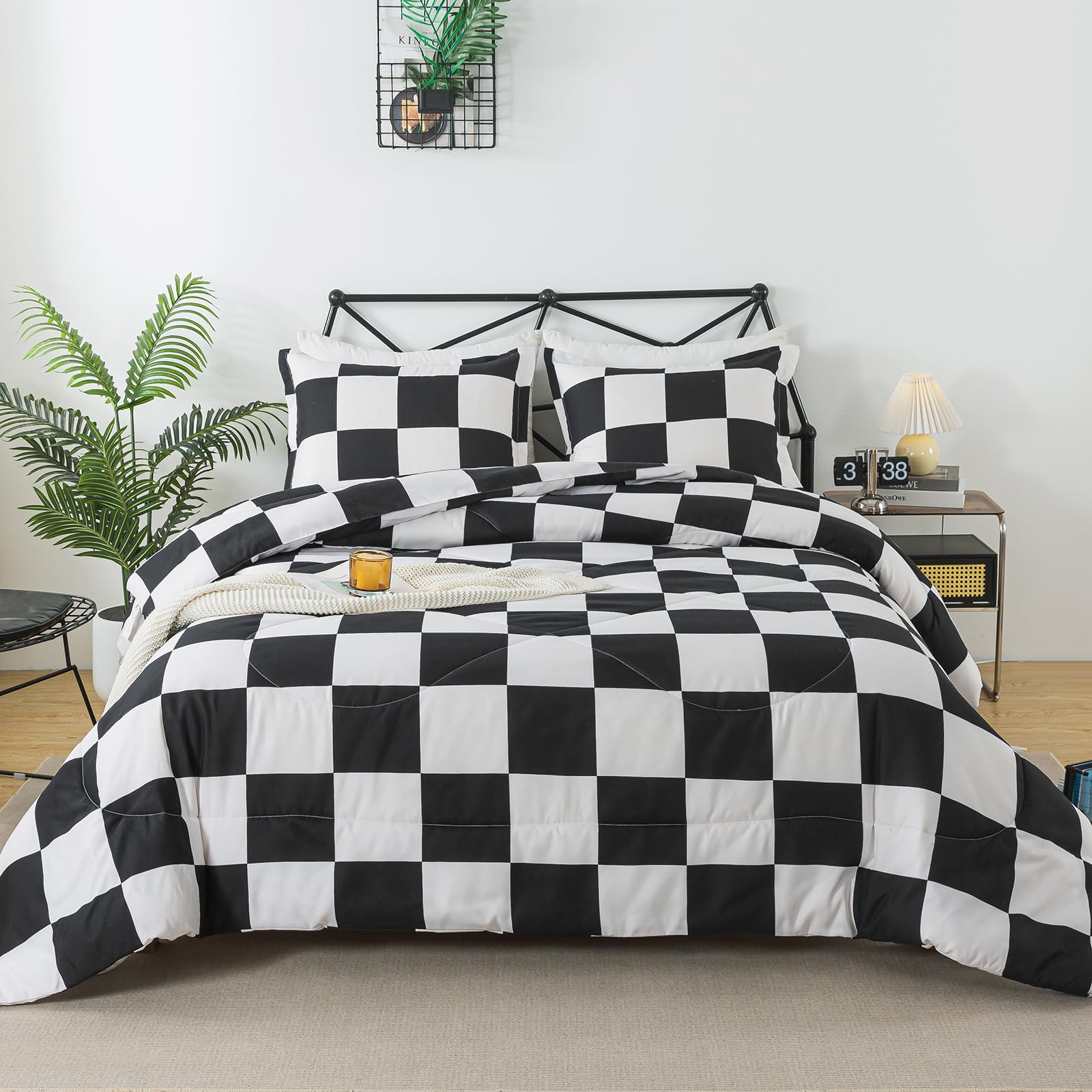 Caressma Queen Comforter Set Black White Plaid (90X90 Inch), 3 Pieces Buffalo Comforter Bedding Set, Stylish Geometric Checkered